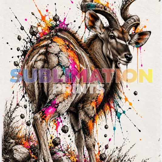 African Palette Kudu decoupage print icon featuring a contemporary mixed-media kudu artwork with vivid paint-splash colour