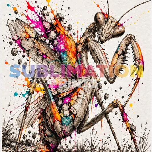 African Palette Praying Mantis decoupage print icon featuring a contemporary mixed-media praying mantis artwork with vivid paint-splash colour