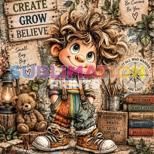 Danny 3 decoupage print icon featuring a curly-haired boy explorer with a lantern and teddy bear in a vintage adventure journal collage