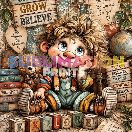 Danny 4 decoupage print icon featuring a curly-haired boy explorer sitting with a teddy bear and EXPLORE wooden blocks in a vintage journal collage