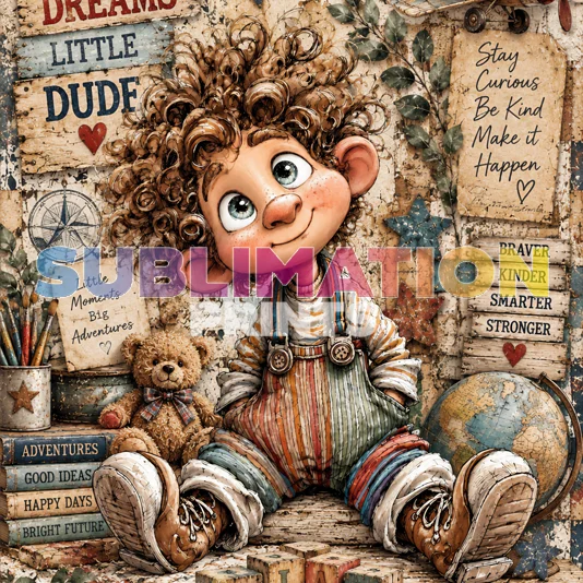 Danny decoupage print icon featuring a whimsical curly-haired boy in a vintage journal collage design