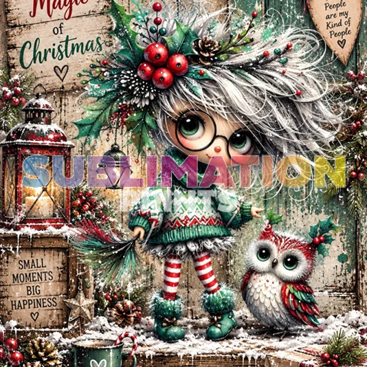 Green Xmas 1 decoupage print icon featuring a whimsical white-haired girl with an owl in a festive vintage Christmas collage