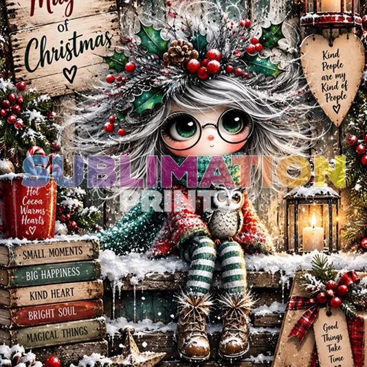 Green Xmas 2 decoupage print icon featuring a whimsical white-haired girl cuddling an owl in a festive vintage Christmas collage