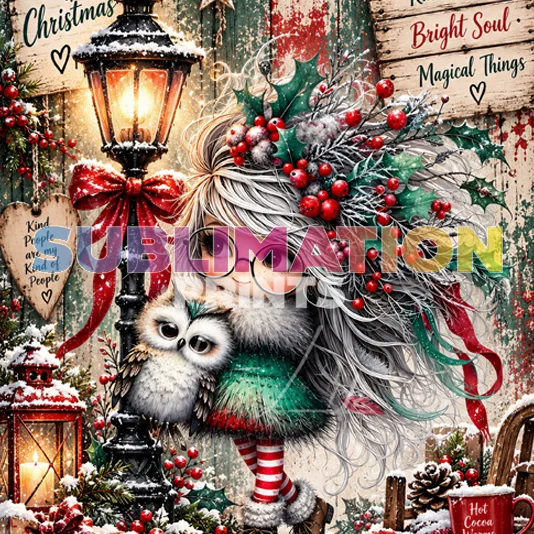 Green Xmas 3 decoupage print icon featuring a whimsical white-haired girl leaning down to an owl beside a lamp post in a festive vintage Christmas collage