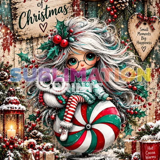 Green Xmas 4 decoupage print icon featuring a whimsical white-haired girl and owl sitting on a giant peppermint ornament in a festive vintage Christmas collage