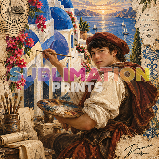 Santorini artist decoupage print - painter overlooking Greek island design