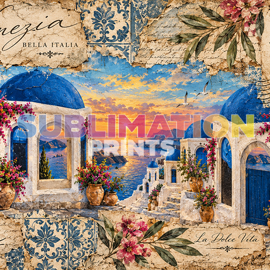 Santorini blue domes decoupage print - Greek island archway design