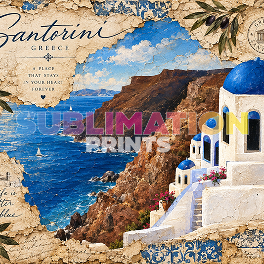 Santorini cliffside decoupage print - clifftop village ocean view design