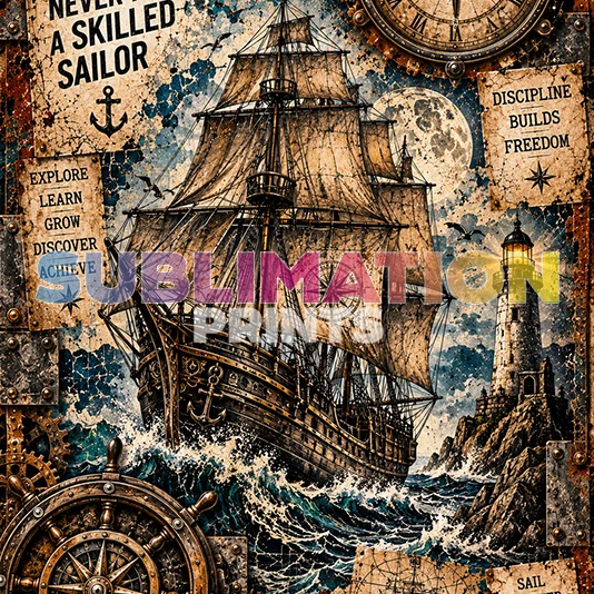 Steampunk 5 decoupage print - tall ship and lighthouse collage art