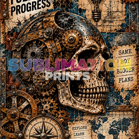 Steampunk 7 decoupage print - ideas fuel progress mechanical skull collage art